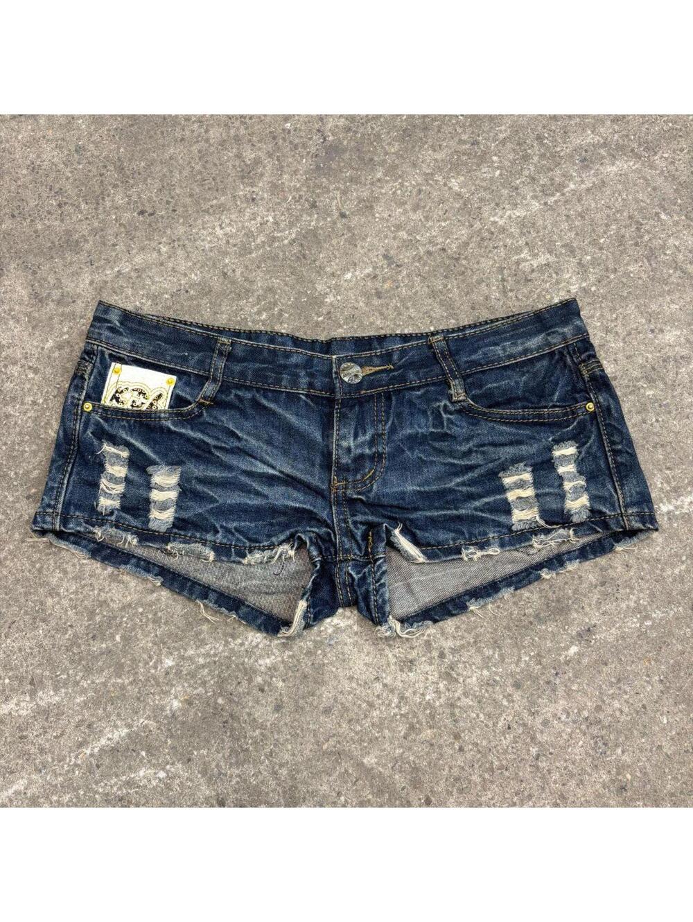 Vintage Y2K Low Rise Denim Micro Shorts Dark Wash Laser Cut Pocket